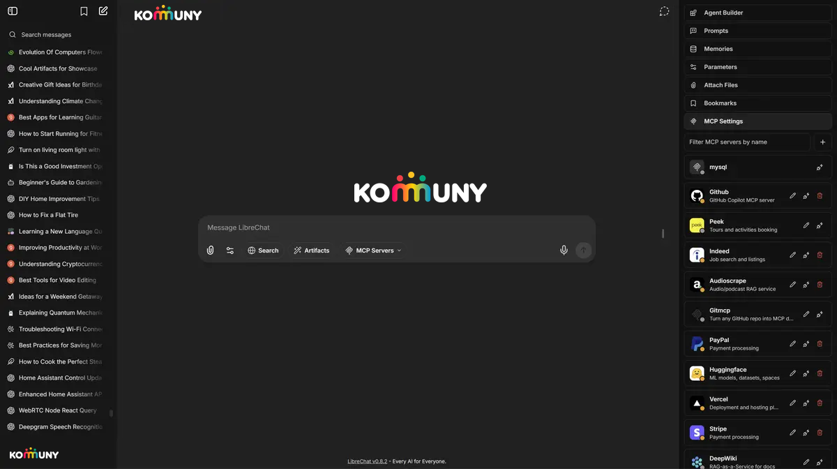 Komuny Chat — interfaz con presets pedagogicos, MCPs, agentes y memoria